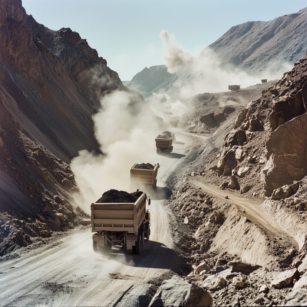 asphalt trucks driving through the dirt