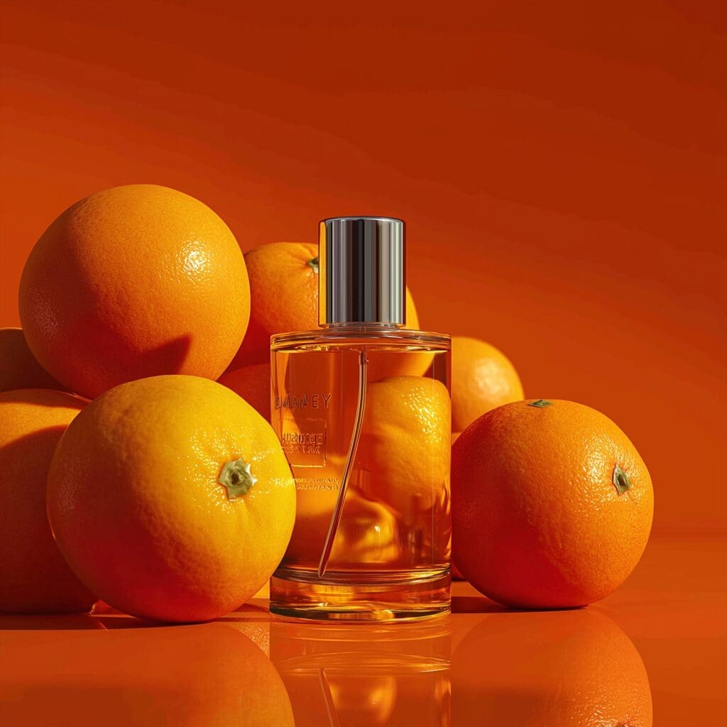 oranges with fragrance bottle