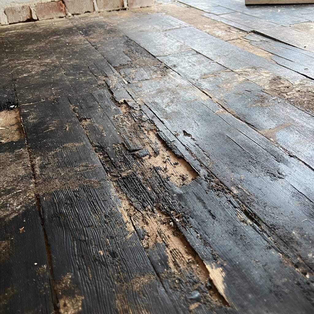 black mastic on wood subfloor